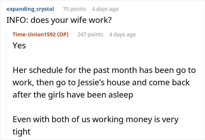 Screenshot of an online discussion where a husband is upset as his wife prioritizes widowed friend over her kids for over a month.