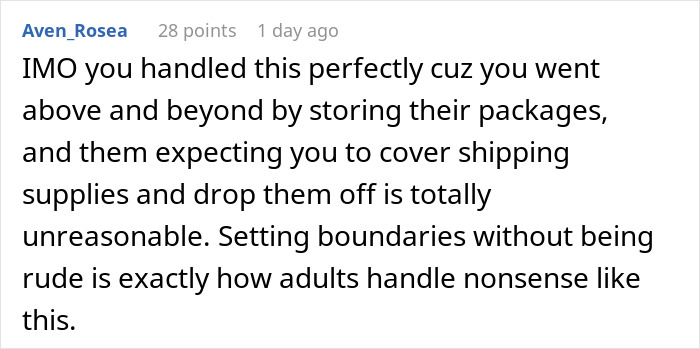 Comment praising handling of company sending packages to wrong address and expecting customer to pay return shipping.