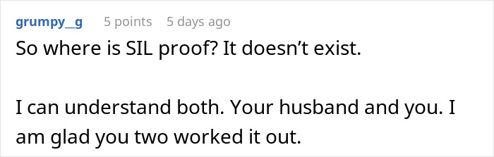 Comment discussing skepticism about sister-in-law proof and expressing understanding of a couple resolving issues.