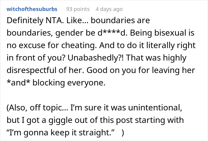 Text from an online discussion about boundaries and bisexuality after a girlfriend kisses another woman in front of friends. Text from an online discussion about boundaries and bisexuality after a girlfriend kisses another woman in front of friends.
