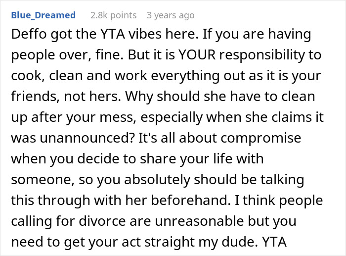 Screenshot of an online comment discussing a man expecting his wife to cook when inviting guests over, receiving public criticism.