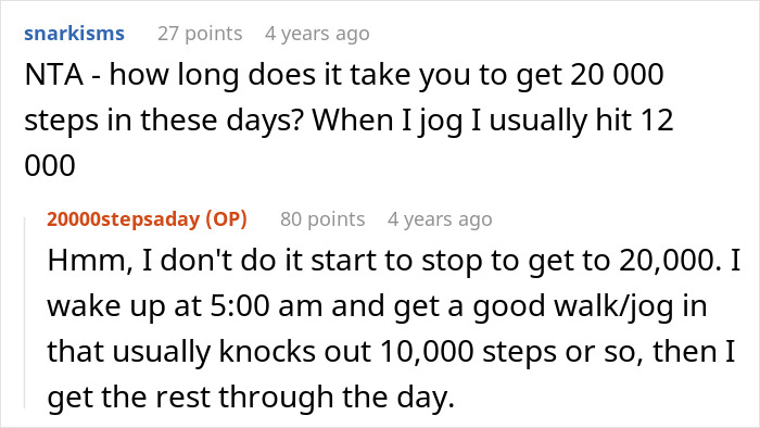 Screenshot of an online discussion about an avid walker maintaining 20,000 steps per day and sharing walking routines. Screenshot of an online discussion about an avid walker maintaining 20,000 steps per day and sharing walking routines.