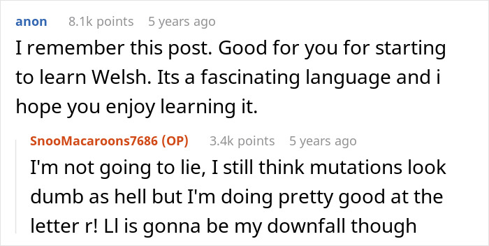 Screenshot of a Reddit conversation discussing learning Welsh, a native language, and its unique language features. Screenshot of a Reddit conversation discussing learning Welsh, a native language, and its unique language features.