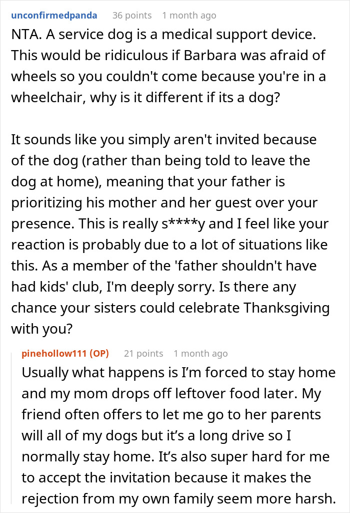 User comments discussing a woman’s service dog causing Thanksgiving family drama and exclusion from the celebration. User comments discussing a woman’s service dog causing Thanksgiving family drama and exclusion from the celebration.
