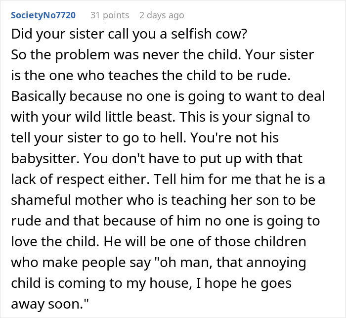 Text comment discussing a sister called selfish cow for refusing to babysit a badly behaved nephew while in hospital. Text comment discussing a sister called selfish cow for refusing to babysit a badly behaved nephew while in hospital.