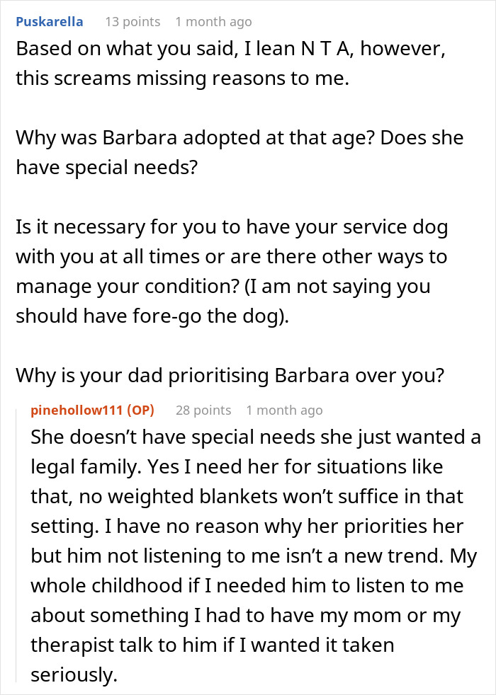 Commenters discussing a woman’s need for her service dog during Thanksgiving family drama and prioritization issues. Commenters discussing a woman’s need for her service dog during Thanksgiving family drama and prioritization issues.