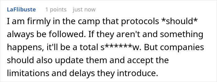 Text comment about strict protocols and company delays, emphasizing following rules and accepting limitations in office settings. Text comment about strict protocols and company delays, emphasizing following rules and accepting limitations in office settings.
