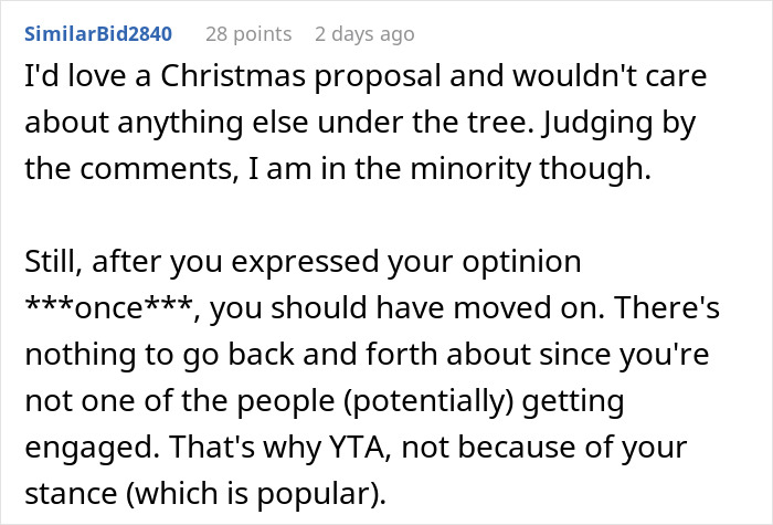 User comment discussing opinions on Christmas proposals and reactions to engagement debates on social media. User comment discussing opinions on Christmas proposals and reactions to engagement debates on social media.