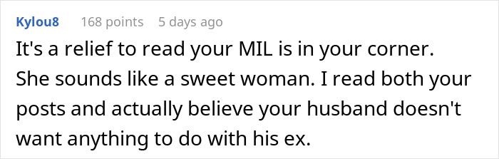 Comment highlighting relief that a mother-in-law supports her daughter-in-law amid concerns about the husband and his ex.