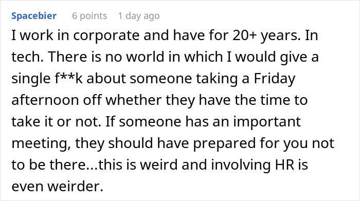 Screenshot of a Reddit comment discussing a manager who freaks out when an employee takes time off as allowed. Screenshot of a Reddit comment discussing a manager who freaks out when an employee takes time off as allowed.