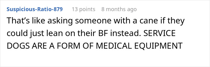 Comment highlighting Disneyland security questions about why a disabled woman brought a service dog when she has a boyfriend. Comment highlighting Disneyland security questions about why a disabled woman brought a service dog when she has a boyfriend.