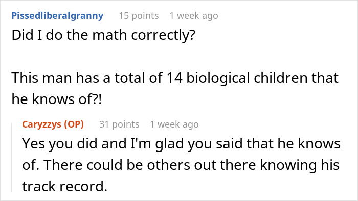 Screenshot of a Reddit conversation about a man with 14 biological children, highlighting blended family Christmas conflict. Screenshot of a Reddit conversation about a man with 14 biological children, highlighting blended family Christmas conflict.