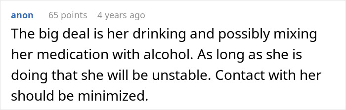 Comment about unstable behavior due to drinking and mixing medication, related to ruining wedding concerns. Comment about unstable behavior due to drinking and mixing medication, related to ruining wedding concerns.