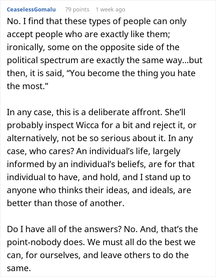 Text post discussing a mom reaching breaking point as in-laws mock daughter’s paganism and forbidden foods.