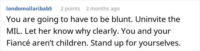 Comment on a forum advising to uninvite the mother-in-law after secret wedding invites cause bride shock to protect family image. Comment on a forum advising to uninvite the mother-in-law after secret wedding invites cause bride shock to protect family image.