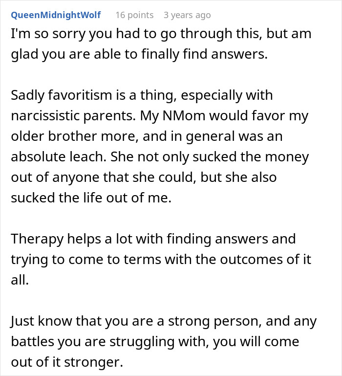 Comment discussing favoritism by entitled parents treating autistic brother as golden child while ignoring his creepy behavior.