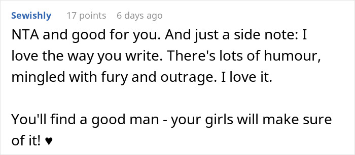 Screenshot of a comment praising a woman exposing cheaters, highlighting humor, fury, and outrage in her writing. Screenshot of a comment praising a woman exposing cheaters, highlighting humor, fury, and outrage in her writing.