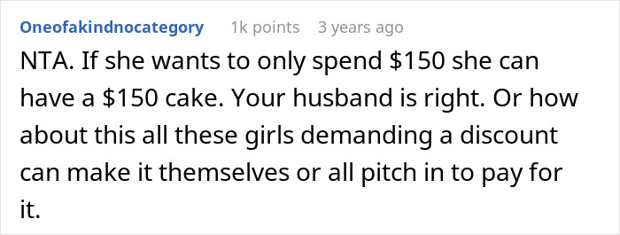 Reddit comment discussing bride wanting to upgrade honeymoon at bridesmaid’s expense and receiving a reality check.