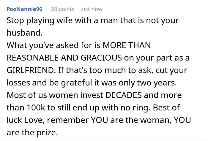 Reddit comment discussing girlfriend refusing to finance boyfriend’s $100k renovation without a ring, calling it a relationship issue. Reddit comment discussing girlfriend refusing to finance boyfriend’s $100k renovation without a ring, calling it a relationship issue.