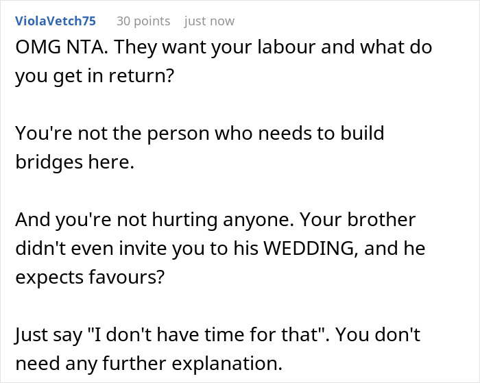 Comment expressing frustration with entitled golden child brother expecting free meals and favors from scapegoat sibling. Comment expressing frustration with entitled golden child brother expecting free meals and favors from scapegoat sibling.