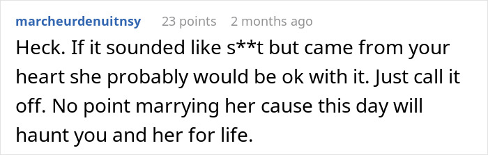 Screenshot of a comment discussing the impact of wedding vows written using AI and a bride running away from the altar. Screenshot of a comment discussing the impact of wedding vows written using AI and a bride running away from the altar.