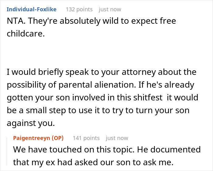 Reddit conversation discussing a man cheating and demanding free childcare, with advice on legal issues from an attorney perspective. Reddit conversation discussing a man cheating and demanding free childcare, with advice on legal issues from an attorney perspective.