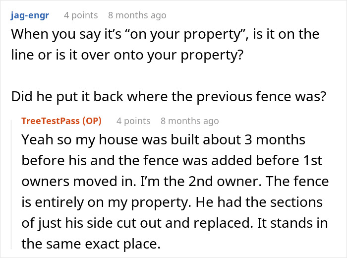 Screenshot of online discussion about a man refusing to pay $2000 after neighbor replaces rotten fence without agreement. Screenshot of online discussion about a man refusing to pay $2000 after neighbor replaces rotten fence without agreement.