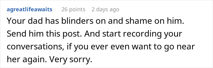 Screenshot of a social media comment about a tense Thanksgiving involving a stepdaughter’s sexuality conversation. Screenshot of a social media comment about a tense Thanksgiving involving a stepdaughter’s sexuality conversation.