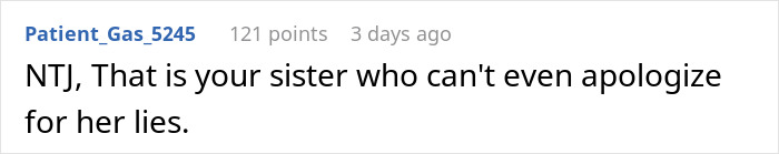 Screenshot of a social media comment discussing a sibling refusing newborn nephew care, highlighting family conflict. Screenshot of a social media comment discussing a sibling refusing newborn nephew care, highlighting family conflict.