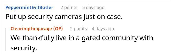 Screenshot of a Reddit conversation discussing security measures in a gated community with cameras and protection.