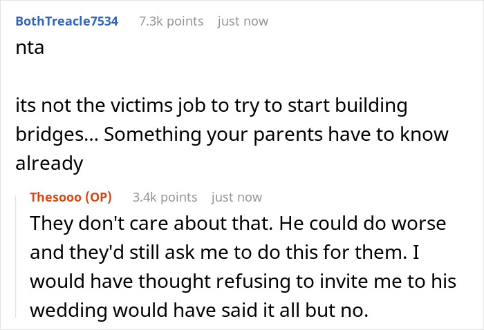 Screenshot of a Reddit conversation about a golden child brother expecting free meals and sibling refusal causing conflict. Screenshot of a Reddit conversation about a golden child brother expecting free meals and sibling refusal causing conflict.