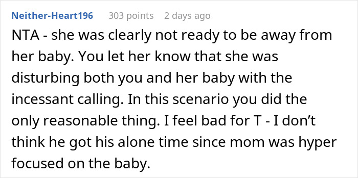 Comment discussing a friend agreeing to babysit overnight while the mom panics and calls frequently. Comment discussing a friend agreeing to babysit overnight while the mom panics and calls frequently.
