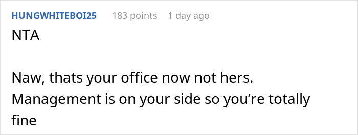 Reddit comment discussing a woman expecting her private office back after working from home for 2 years. Reddit comment discussing a woman expecting her private office back after working from home for 2 years.
