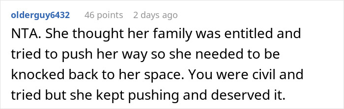 Comment discussing an entitled mother raising hell after being denied entrance at a private party.