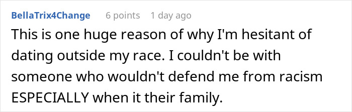 Commenter expressing hesitation about interracial dating due to lack of family support against racism in a social media thread.