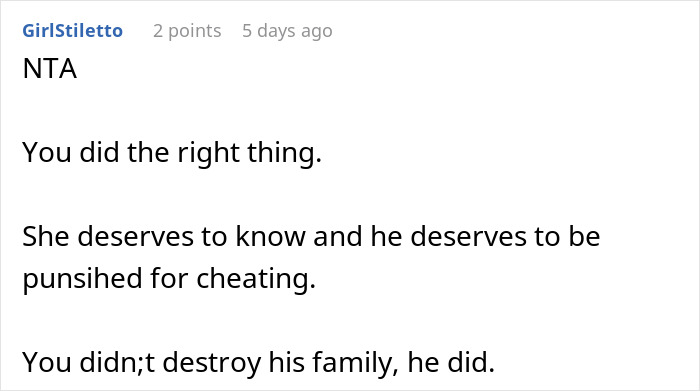 Comment from user GirlStiletto supporting woman who exposes cheating boyfriend with family receipts and feels guilty about it. Comment from user GirlStiletto supporting woman who exposes cheating boyfriend with family receipts and feels guilty about it.