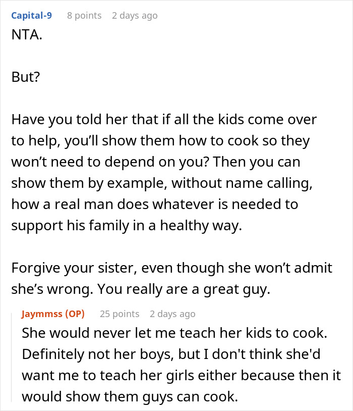 Reddit discussion about a brother refusing to cook, causing conflict with trad wife sister over gender roles.