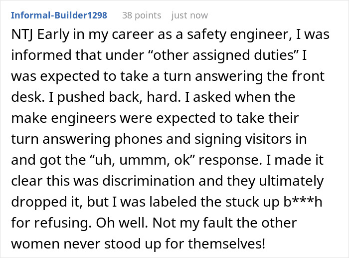 Commenter sharing experience as a safety engineer pushed back on unpaid duties like answering phones and signing visitors.