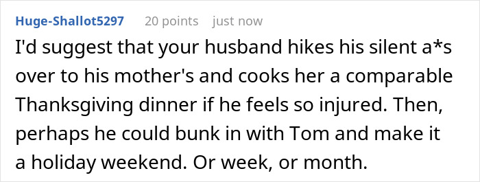 Comment suggesting husband cook Thanksgiving dinner for his mother after MIL hogs food and pouts during confrontation with DIL.