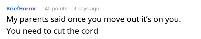 Screenshot of an online comment about parents advising financial independence after moving out, relating to husband retirement children finances. Screenshot of an online comment about parents advising financial independence after moving out, relating to husband retirement children finances.