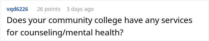 Comment asking if a community college offers any counseling or mental health services related to depression and well-being. Comment asking if a community college offers any counseling or mental health services related to depression and well-being.