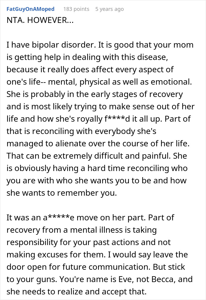 Comment discussing a mom throwing a fit over daughter changing her name and going no contact due to it.