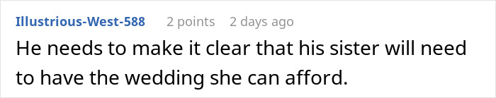 Comment text on a white background discussing a sister needing a wedding she can afford, related to woman giving brother a papaya gift. Comment text on a white background discussing a sister needing a wedding she can afford, related to woman giving brother a papaya gift.