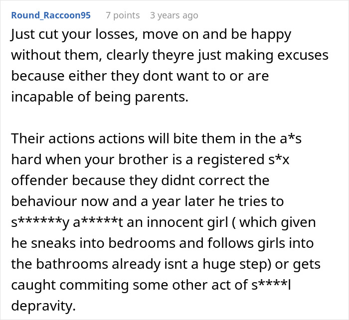 Comment discussing entitled parents ignoring creepy behavior of autistic brother, highlighting consequences of neglecting actions.