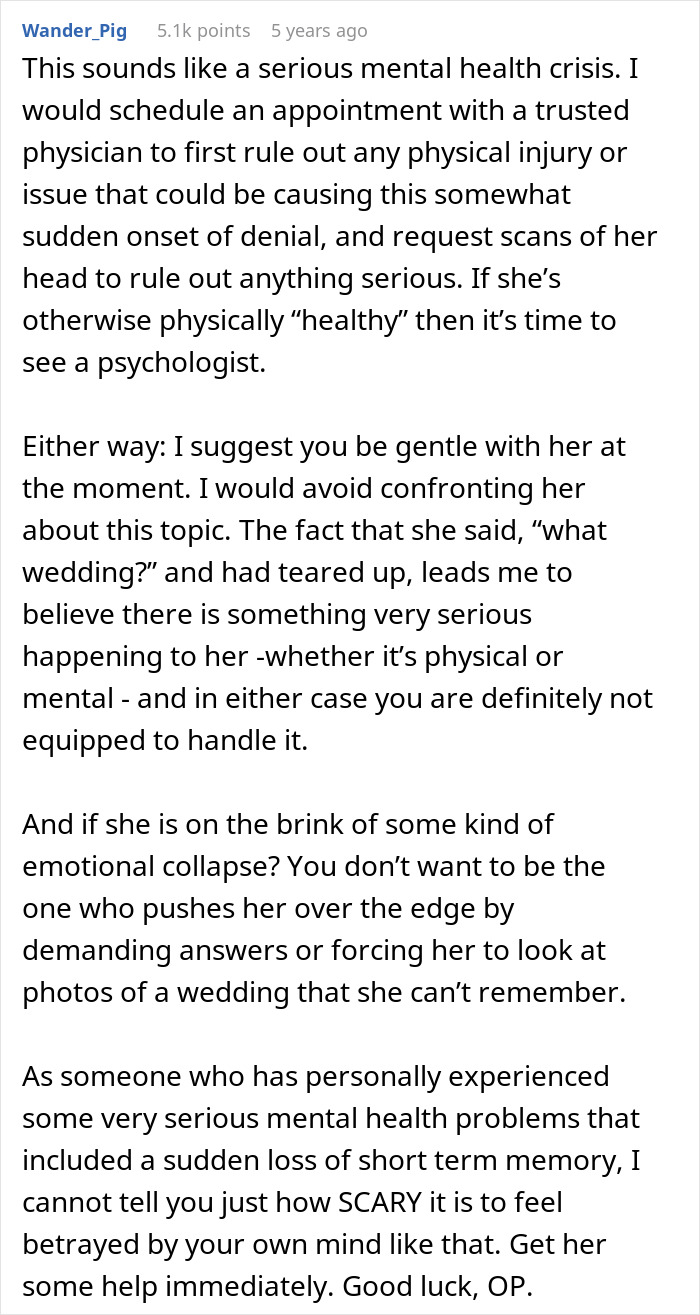 Comment explaining husband's bewilderment at wife seemingly forgetting their wedding, highlighting mental health concerns. Comment explaining husband's bewilderment at wife seemingly forgetting their wedding, highlighting mental health concerns.