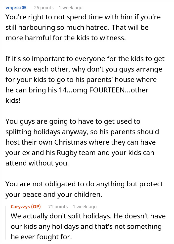 Text conversation discussing refusal to host blended family Christmas amid in-laws' anger and protecting children&rsquo;s peace.