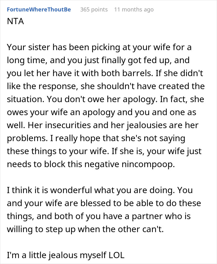 Comment discussing guy's affection for his sick wife annoying sister and addressing truth about her husband.