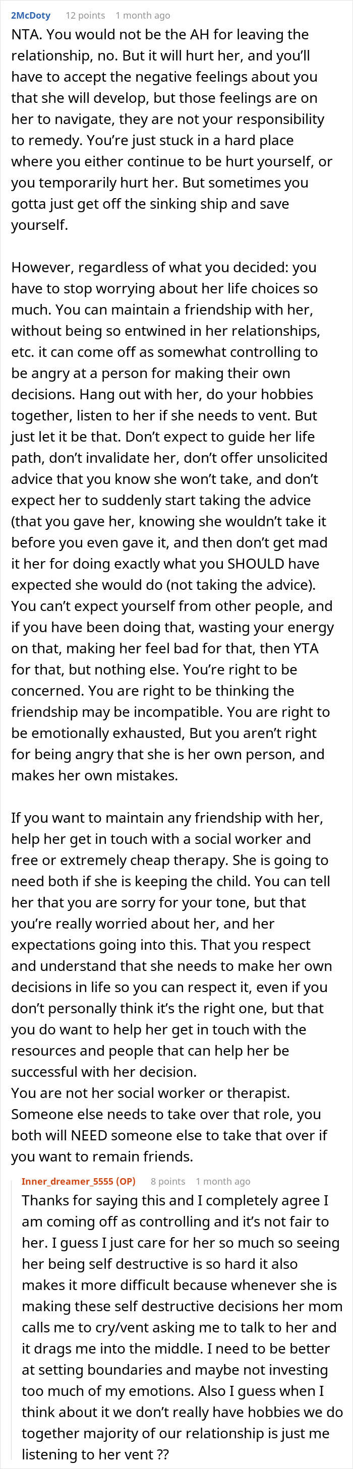 Screenshot of an online forum discussing an irresponsible friend making bad decisions and bestie reacting to pregnancy news.