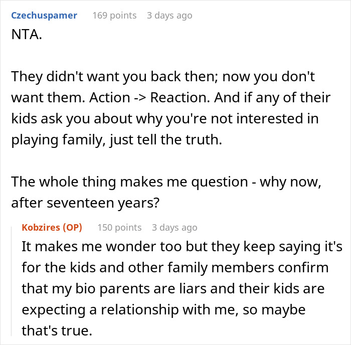 Commenters discuss parents wanting their abandoned son to play a happy family with his siblings after 17 years. Commenters discuss parents wanting their abandoned son to play a happy family with his siblings after 17 years.
