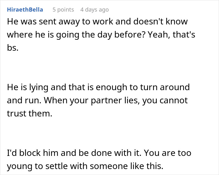 Comment discussing a suspicious work trip where a man is clearly blocked and the girlfriend questions trust in their relationship. Comment discussing a suspicious work trip where a man is clearly blocked and the girlfriend questions trust in their relationship.